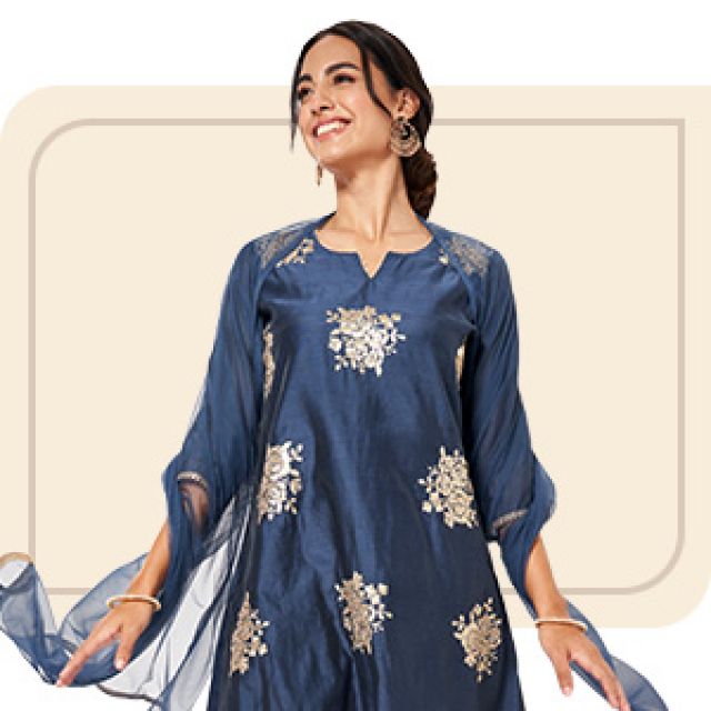 Buy Ecru Placement Kurta With Blue Floral Print Online - W for Woman